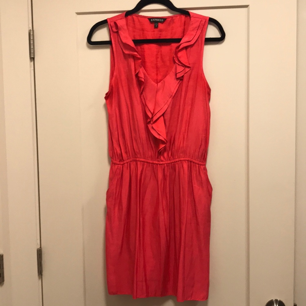 Express Pink Ruffled V-neck Dress with POCKETS!